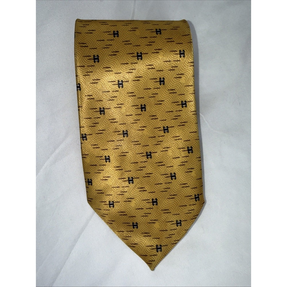Vintage Blue Gold silk Satin Men's Tie H Pattern Geometric No Brand